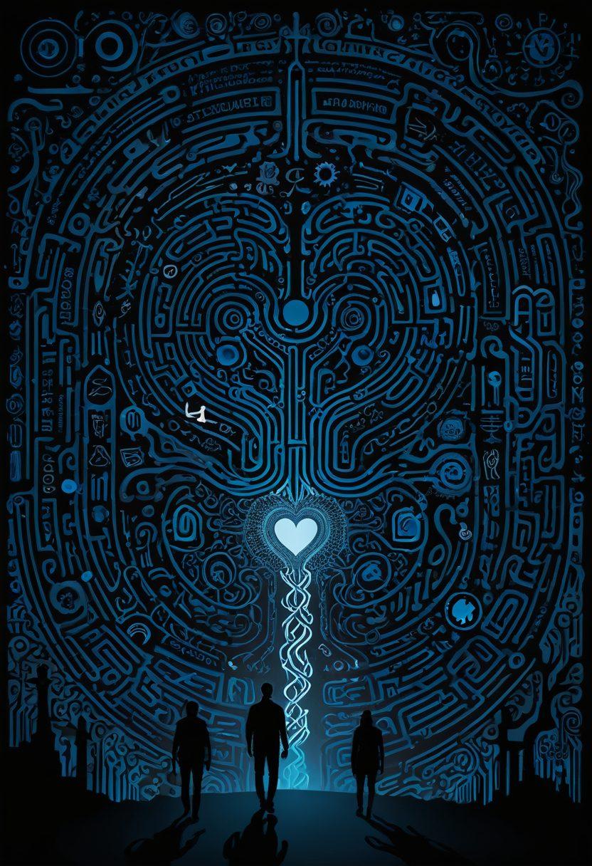 An enigmatic labyrinth in shades of deep blue and black, symbolizing the abyss, with shadowy silhouettes of diverse adults navigating through it. Incorporate fragments of digital content icons swirling around, illustrating the theme of adult content indexing. Subtle imagery of mental health symbols like a brain or heart can be integrated among the pathways. The atmosphere should evoke a sense of introspection and exploration. surrealistic. dark tones with highlights.