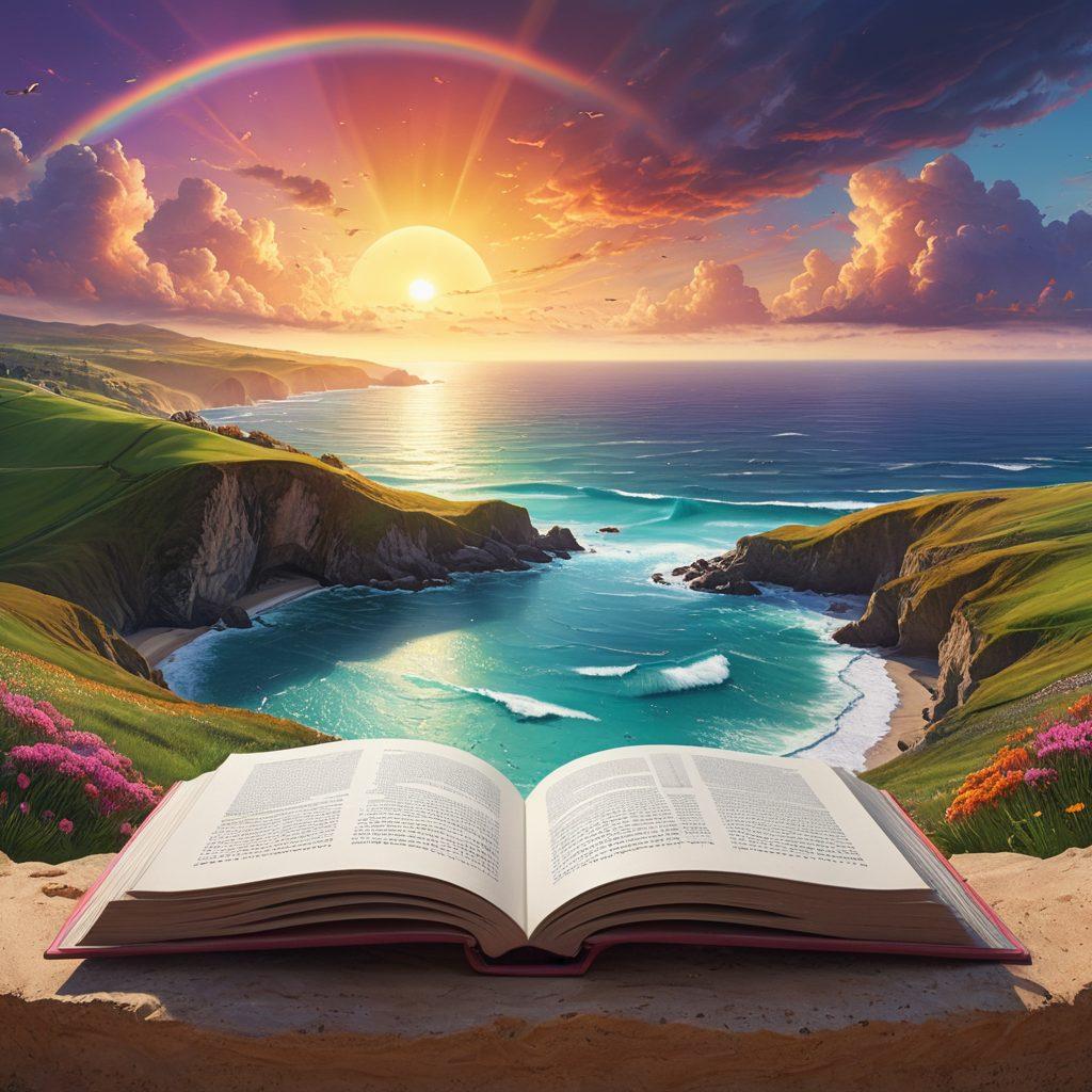A conceptual visualization showing a large, open book with one side filled with colorful, organized lists and the other transitioning into a serene landscape symbolizing feelings, such as a calm ocean and rolling hills. Emojis representing various emotions like happiness, sadness, and stress float in the air, connecting both sides. The scene is infused with soft, warm lighting to evoke a sense of understanding and introspection. digital art. vibrant colors. 3D.