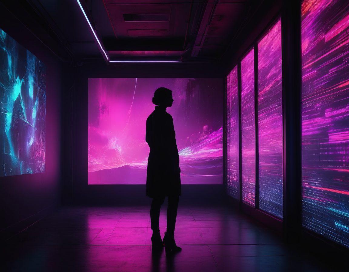 A shadowy figure stands in front of a digital catalog of adult content, illuminated by a flickering neon light. Emotional expressions like sadness, confusion, and curiosity are subtly represented on their face. Surrounding them are fragmented images of adult content, symbolizing the duality of pleasure and emotional turmoil. The background is a mix of dark tones contrasted with vivid neon colors, creating a moody yet captivating atmosphere. cyberpunk. vibrant colors. 3D.
